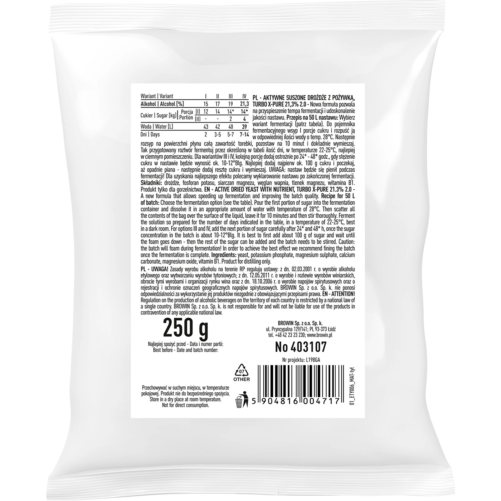 Destilleerimispärm Turbo X-Pure 21,3% 48h 250g